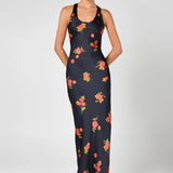 Black floral maxi dress with red and yellow flowers, racerback neckline — Hyphen | Endless UAE