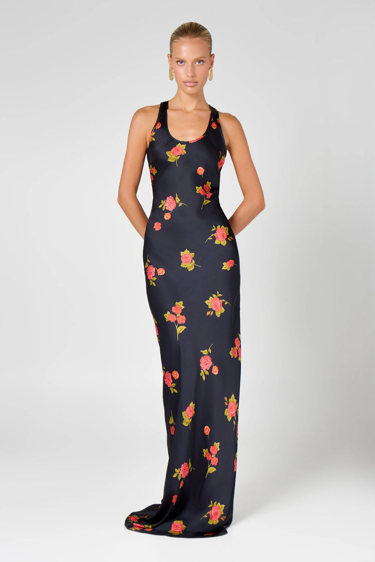 Black floral maxi dress with red and yellow flowers, racerback neckline — Hyphen | Endless UAE