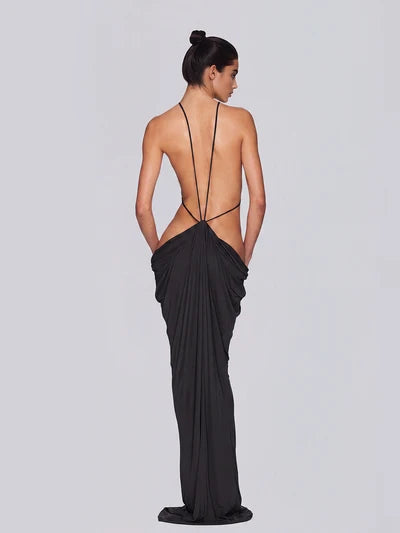 Black backless cutout draped maxi dress with purple bag — Mew Mews | Endless UAE