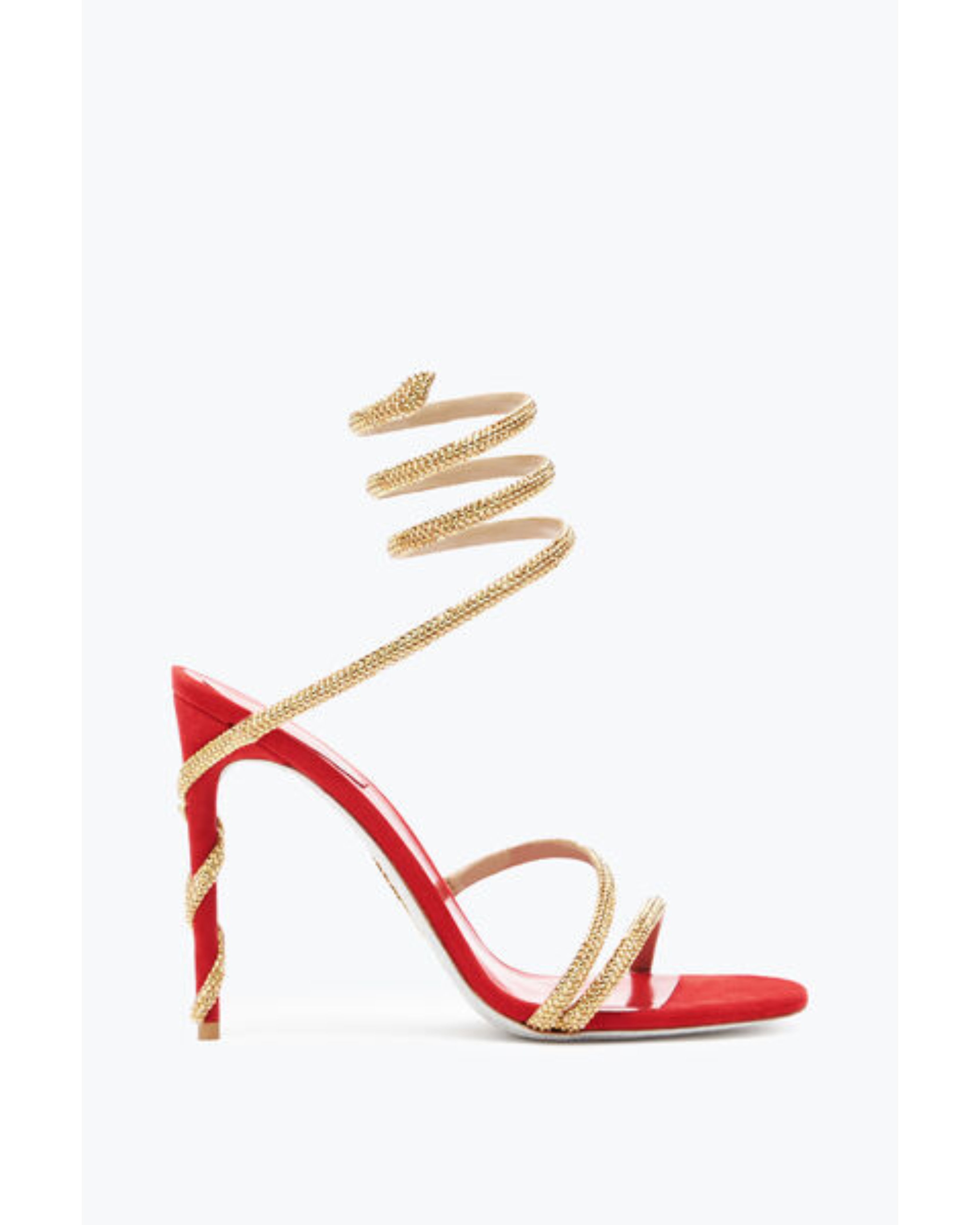 Red satin sandal with gold crystal-embellished straps and spiral heel — Rene Caovilla | Endless UAE
