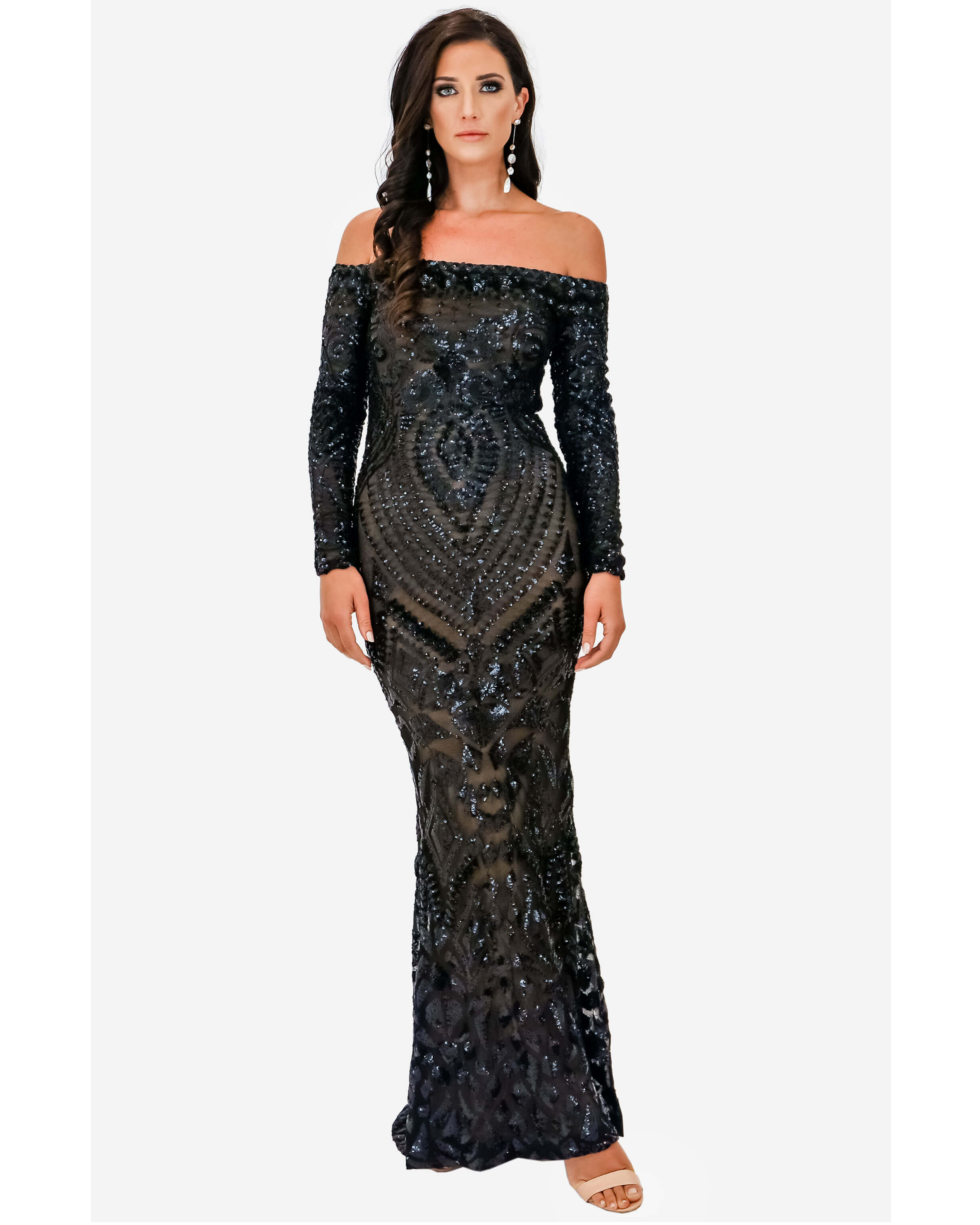 Black sequined off-shoulder long-sleeve gown with geometric beading pattern — Nadine Merabi | Endless UAE