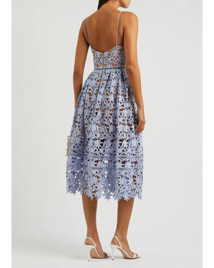 Light blue guipure lace midi dress with open back and tiered skirt — Self-Portrait | Endless UAE