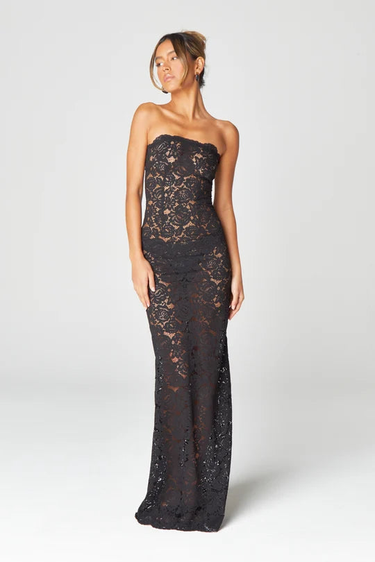 Black strapless lace maxi dress with intricate floral pattern — Hyphen | Endless UAE