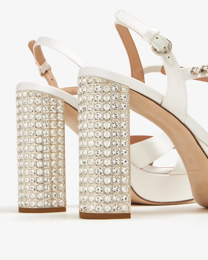 White satin platform sandals with crystal-embellished block heel — Miu Miu | Endless UAE