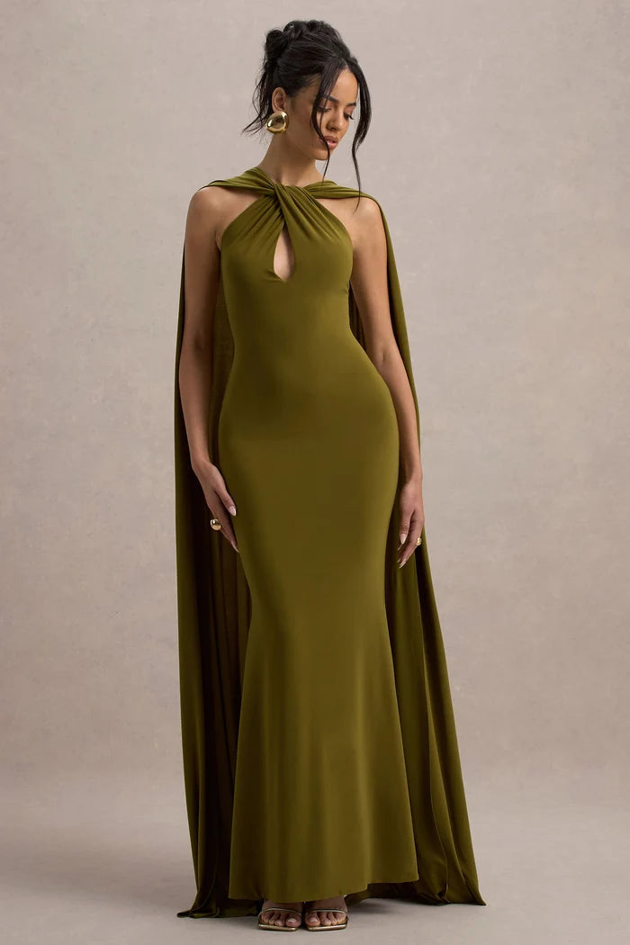 Olive green halter-neck cape maxi dress with twisted neckline detail — Club L London | Endless UAE