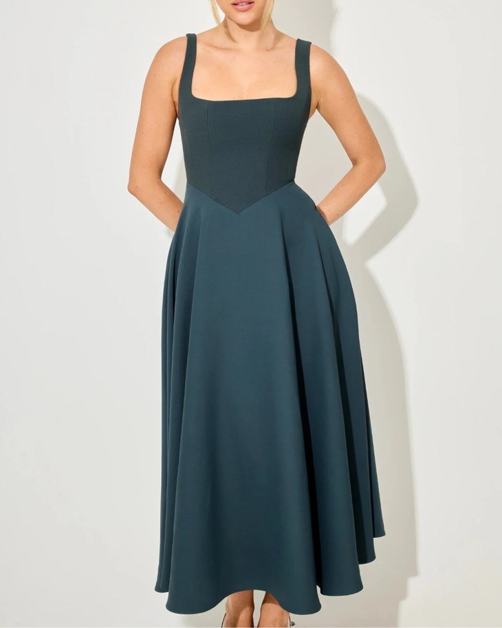 Woman wearing teal square neck midi dress with full skirt and strappy sandals — ODD MUSE | Endless UAE