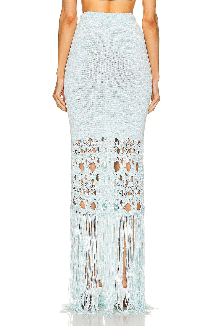 Light blue crochet maxi skirt with cutout details and fringe hem — Christopher Esber | Endless UAE