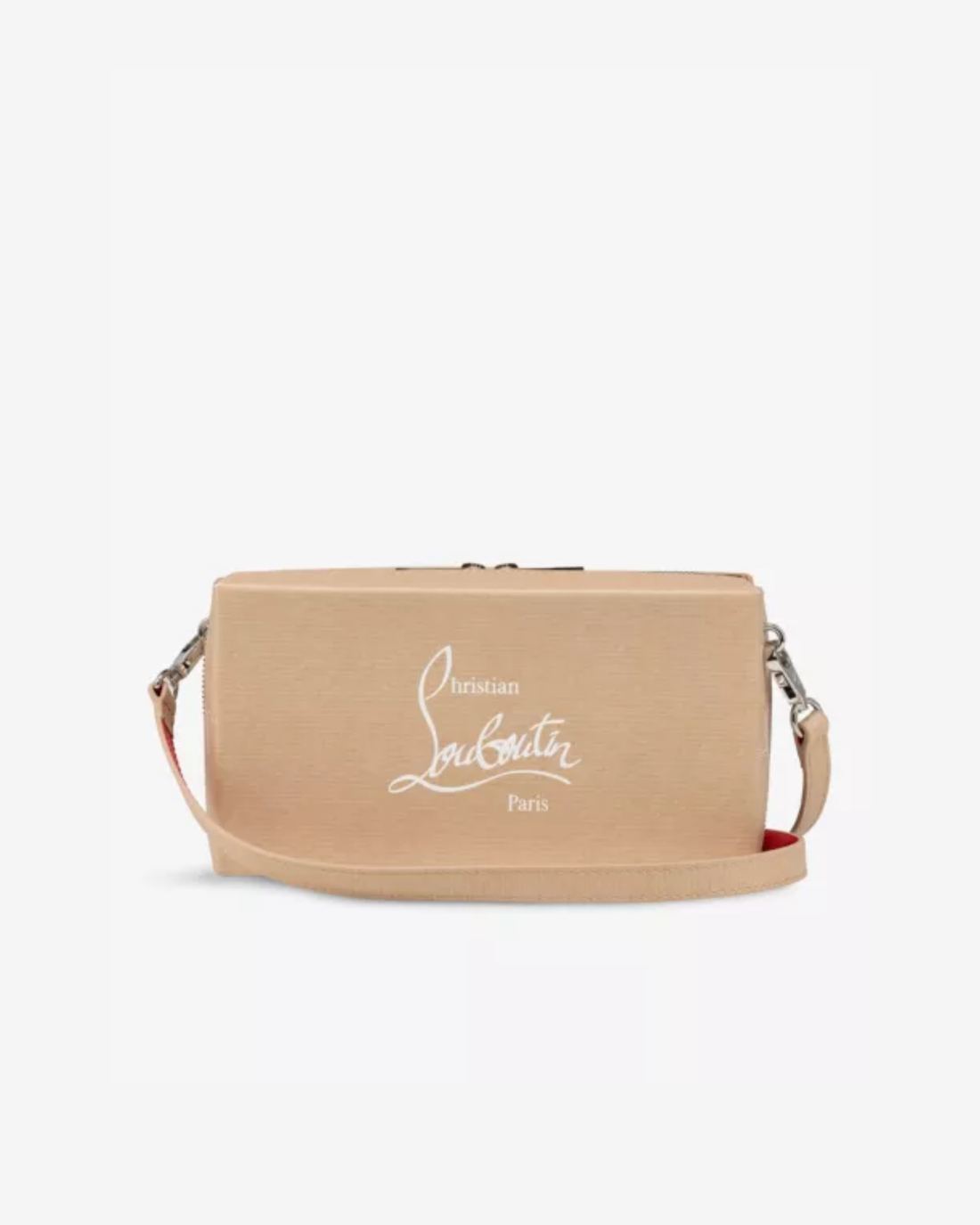 Beige leather clutch bag with Christian Louboutin logo and adjustable shoulder strap — Christian Louboutin | Endless UAE