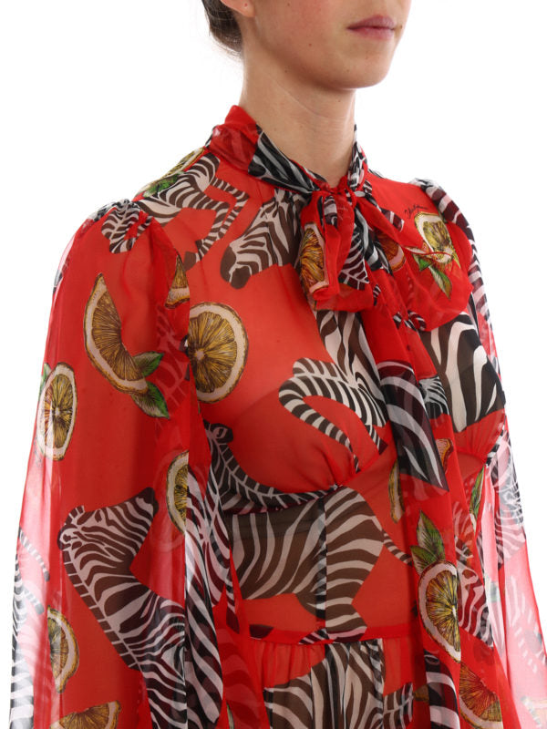 Red silk jumpsuit with zebra and lemon print and bow neckline — Dolce & Gabbana | Endless UAE