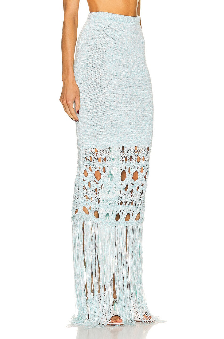 Light blue crochet maxi skirt with cutout details and fringe hem — Christopher Esber | Endless UAE