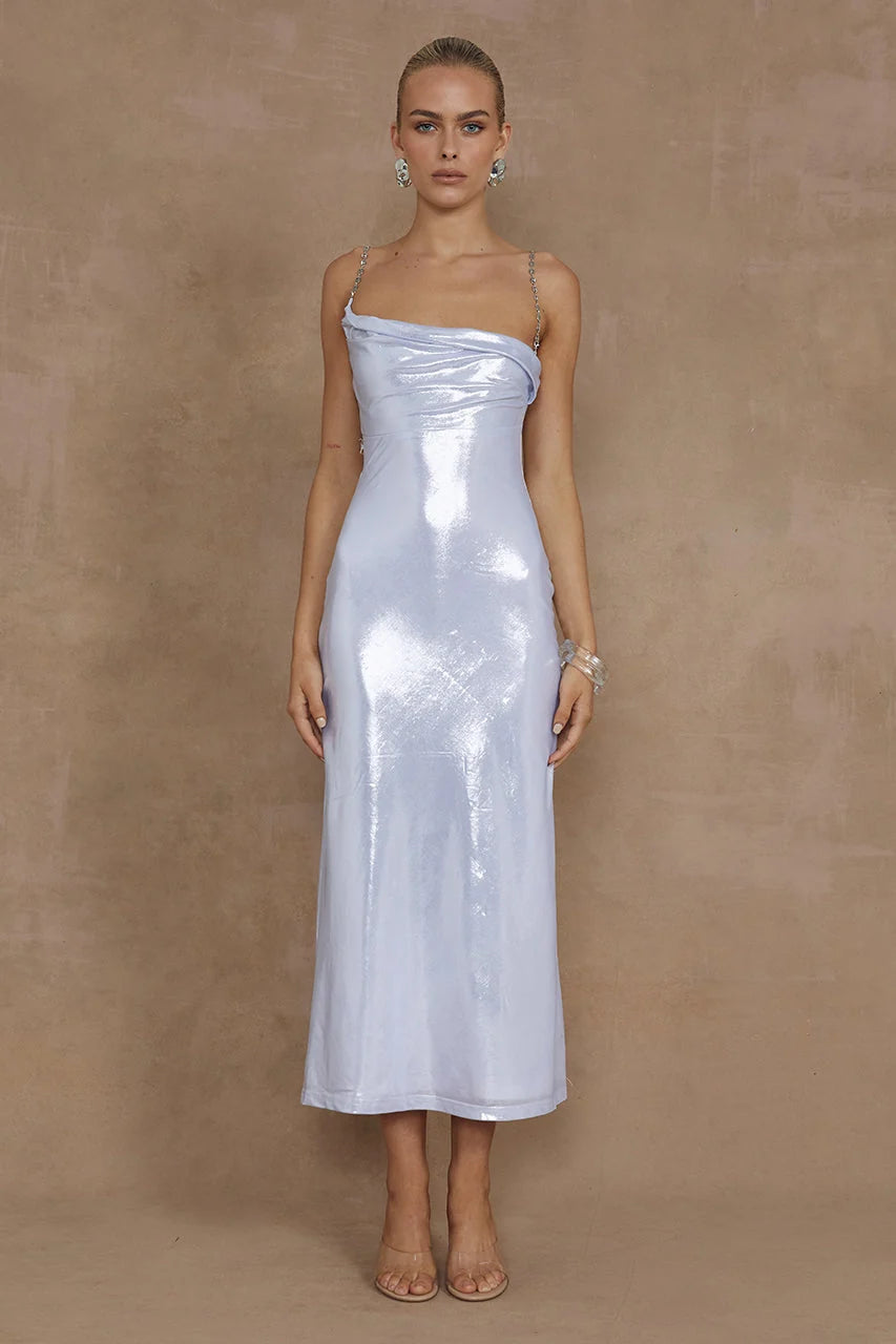 Denali Midi Dress in iridescent white with draped neckline and chain straps — Runaway The Label | Endless UAE