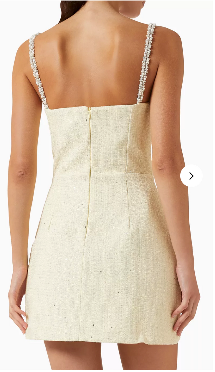 Cream mini dress with pearl-embellished straps, back view — Elle Zeitoune | Endless UAE