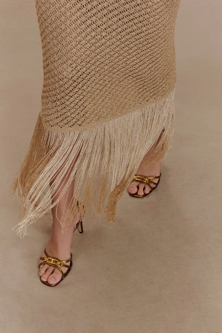 Raelynn Metallic Knit Fringe Midi Dress in beige with cutout detail and fringe hem — Meshki | Endless UAE