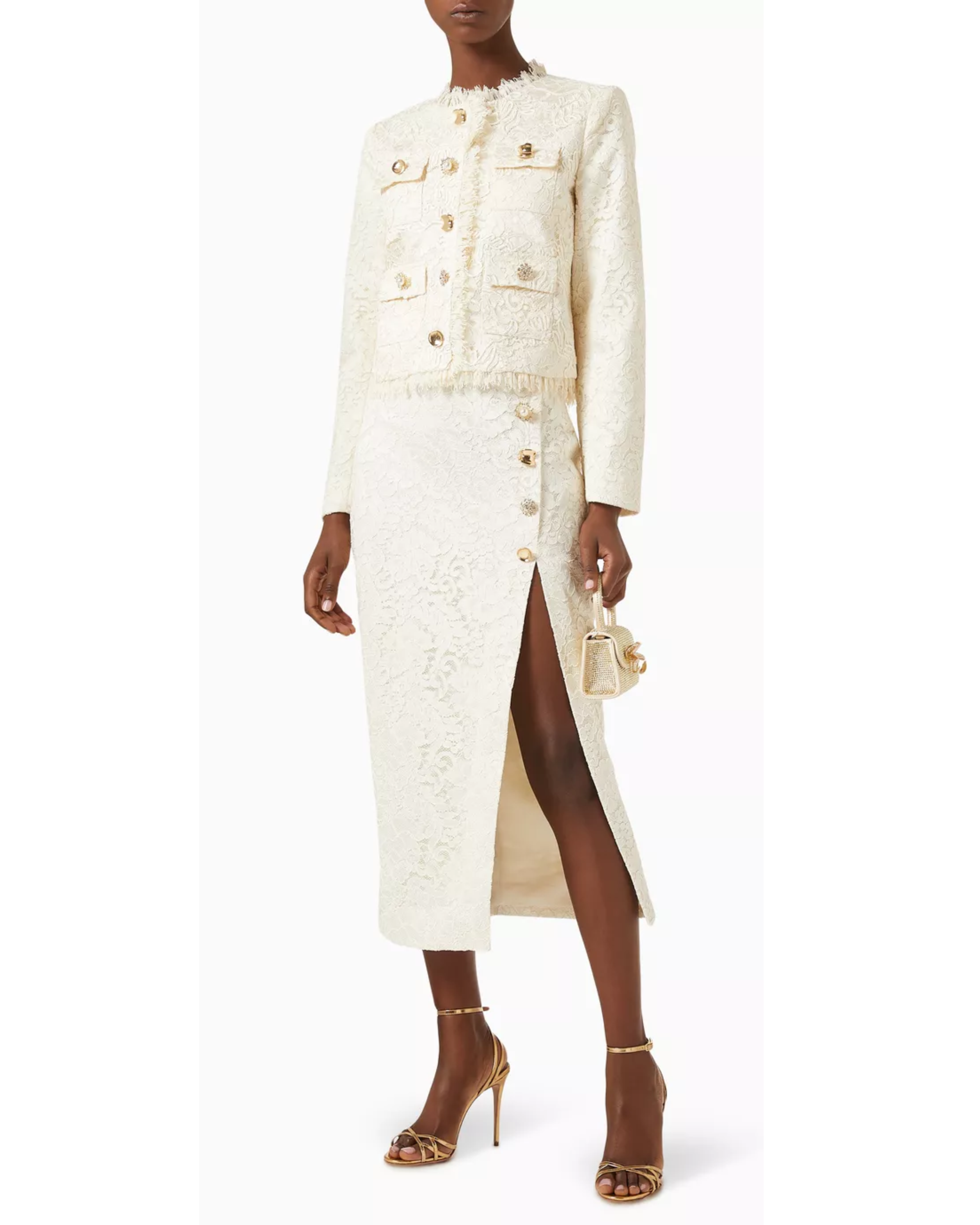 Cream lace crop jacket with gold buttons and frayed trim — Self Portrait | Endless UAE