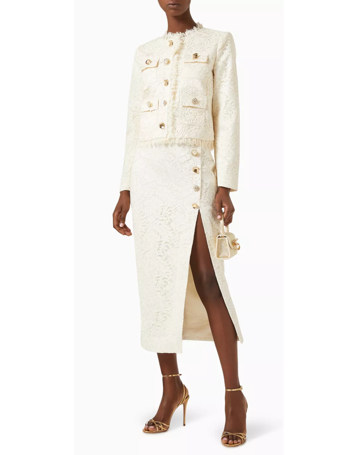 Cream lace crop jacket with gold buttons and frayed trim — Self Portrait | Endless UAE