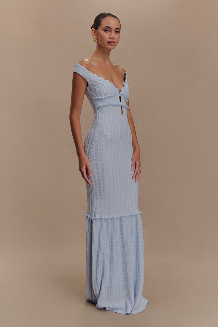 Natalie Off Shoulder Maxi Dress in light blue with ruched texture and cutout detail — Meshki | Endless UAE
