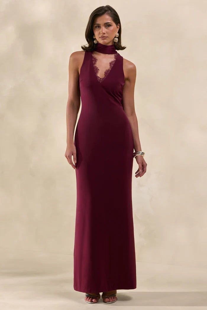 Burgundy satin high-neck maxi slip dress with lace detail — Club L London | Endless UAE