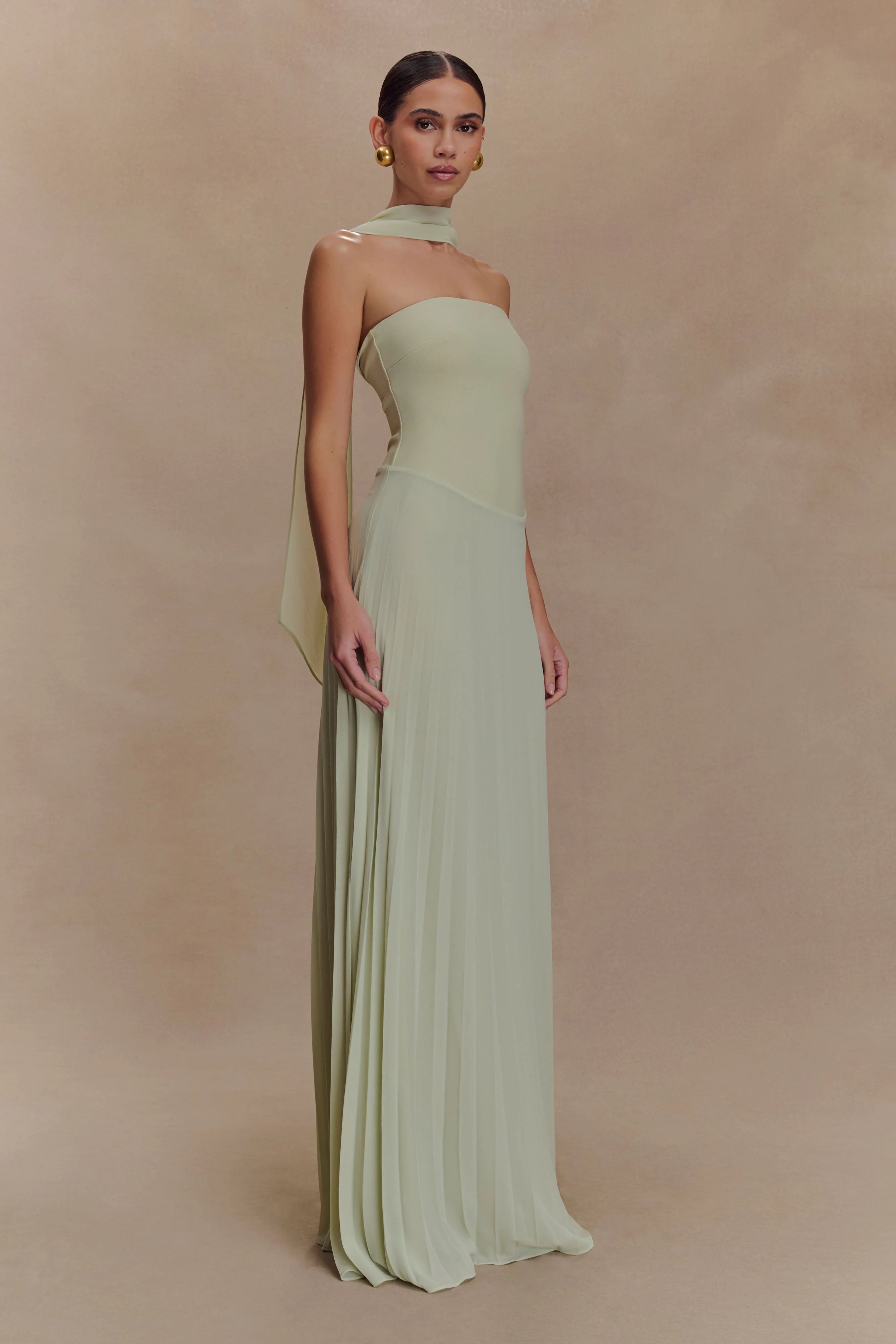 Sage green strapless chiffon maxi dress with pleated skirt and detachable scarf collar — Meshki | Endless UAE