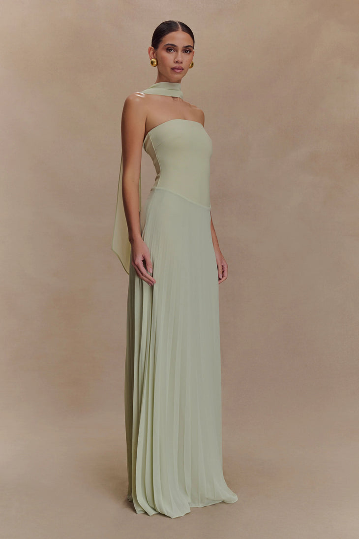 Sage green strapless chiffon maxi dress with pleated skirt and detachable scarf collar — Meshki | Endless UAE