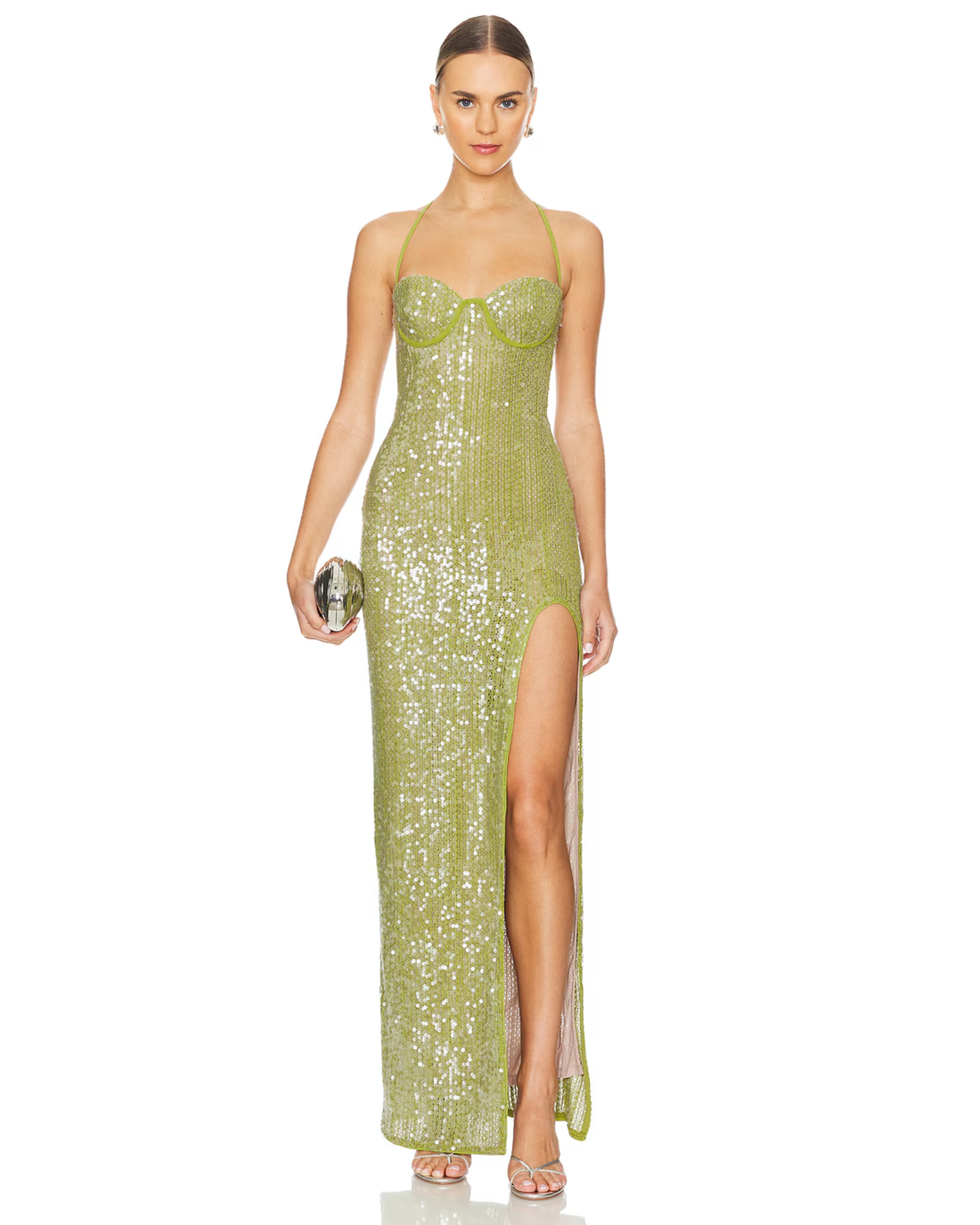 Woman wearing lime green sequin maxi dress with slit and thin straps — Camila coelho | Endless UAE