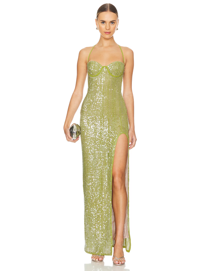 Woman wearing lime green sequin maxi dress with slit and thin straps — Camila coelho | Endless UAE