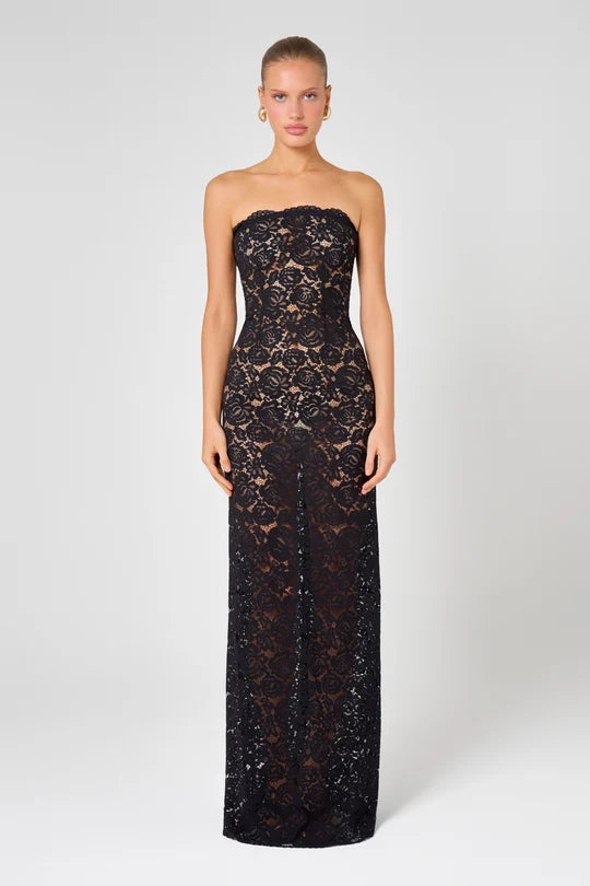 Black strapless lace maxi dress with intricate floral pattern — Hyphen | Endless UAE
