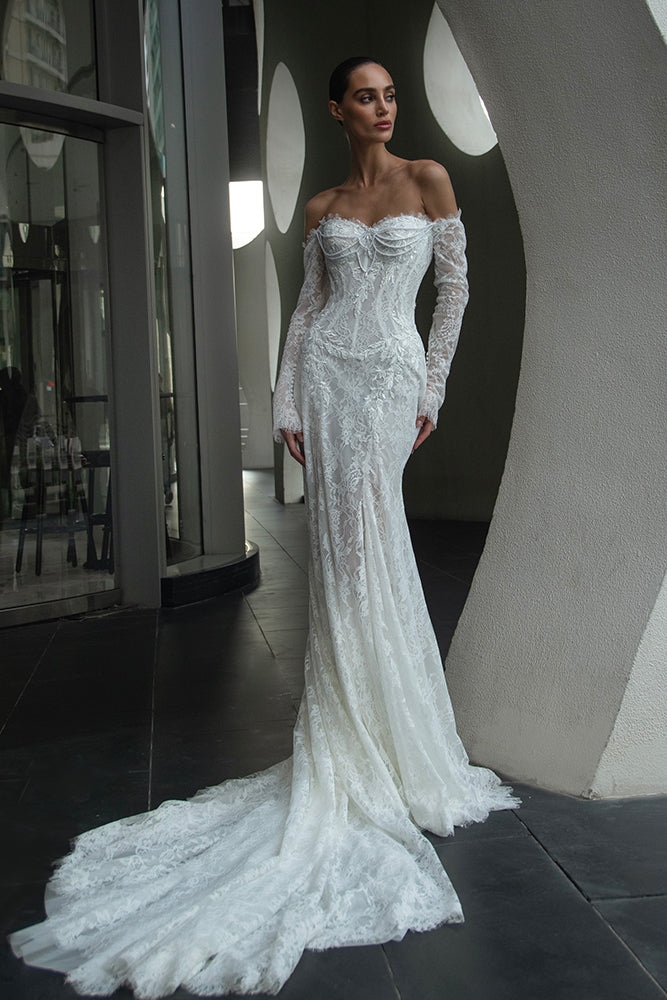 Kaystine off-shoulder lace wedding dress with long sleeves — Patricia Tesori Couture | Endless UAE