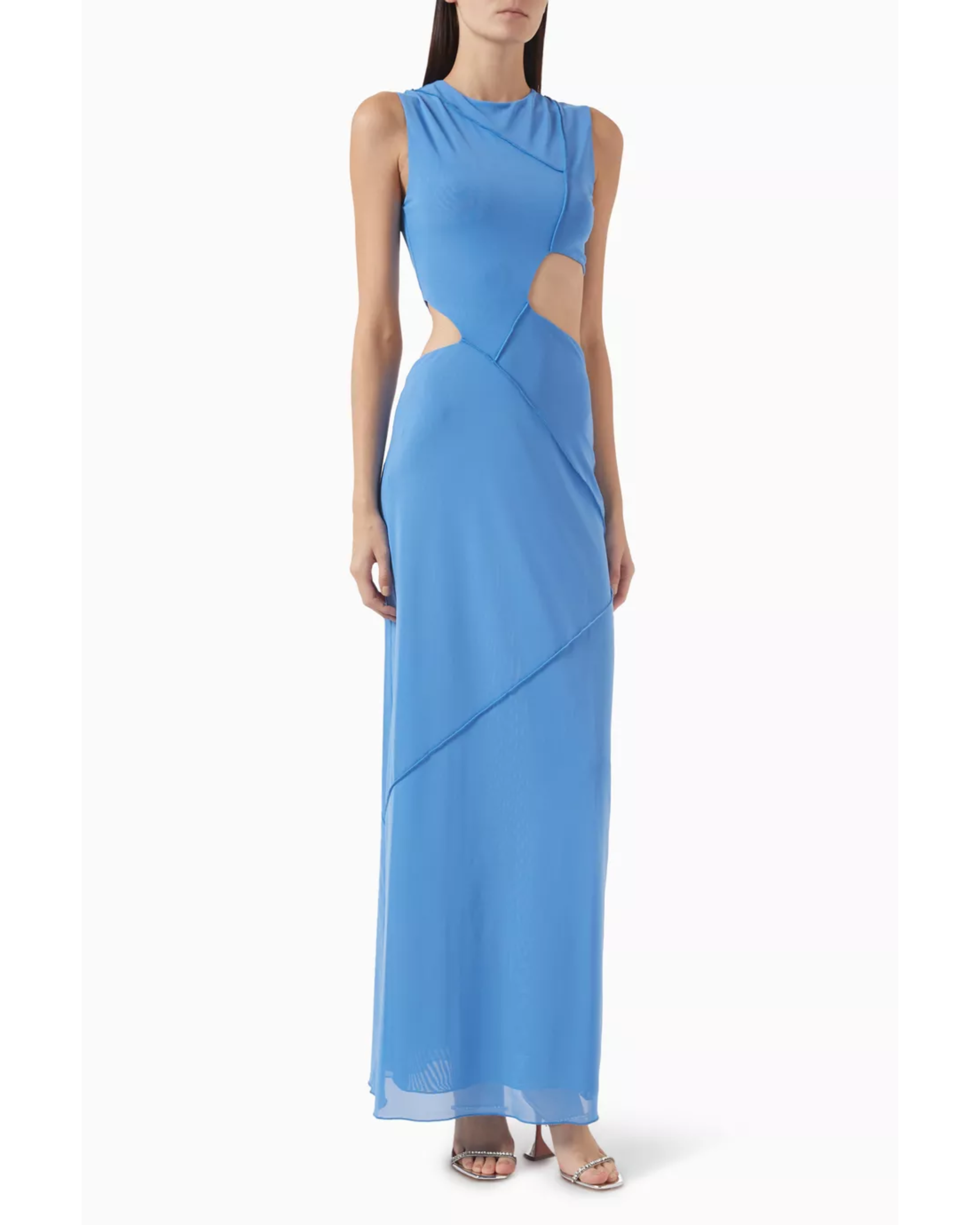 Blue sleeveless maxi dress with cut-out details and asymmetrical draping — Misha | Endless UAE