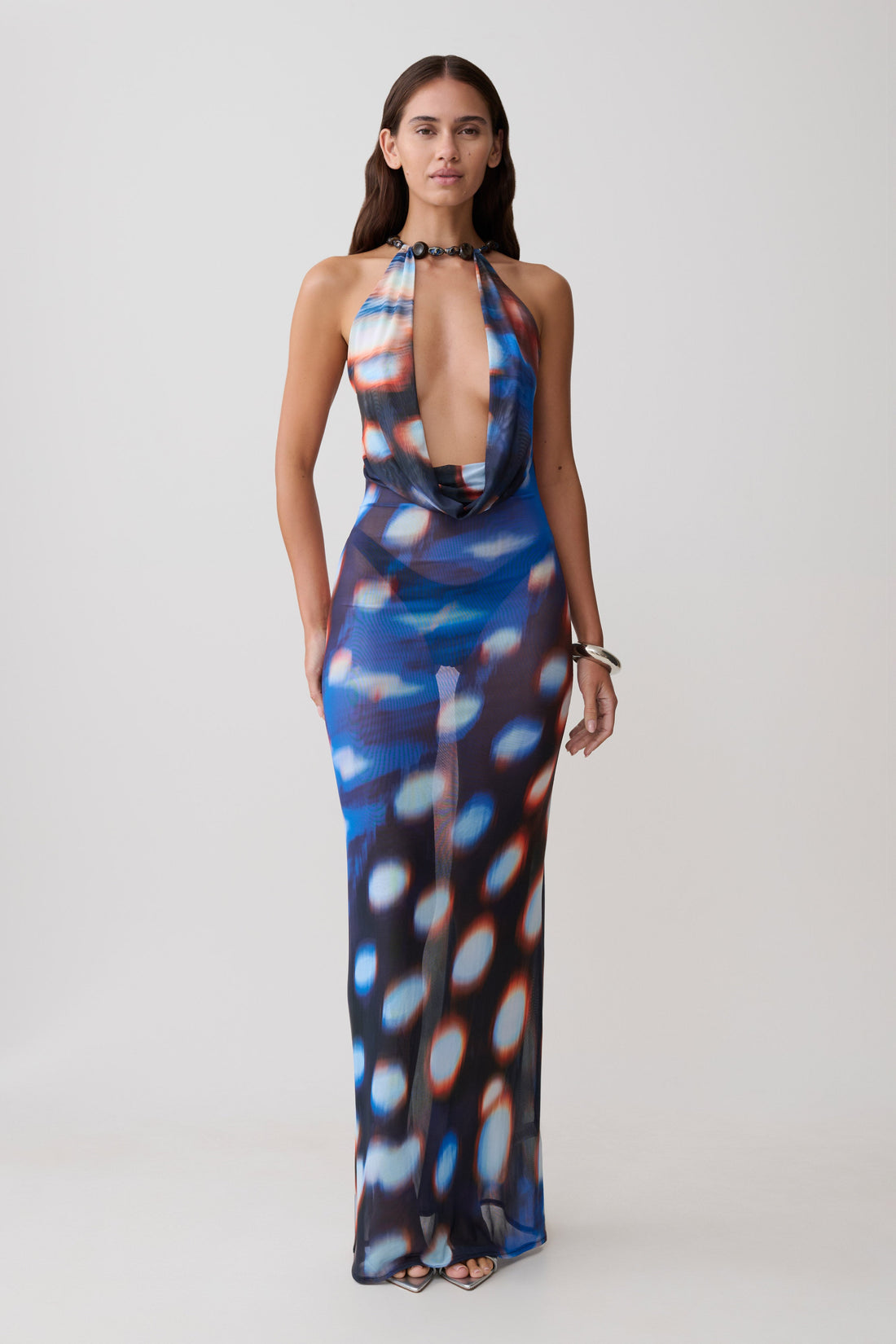 Woman wearing blue, red and white mesh cowl plunge maxi dress with beaded neckline — Meshki | Endless UAE