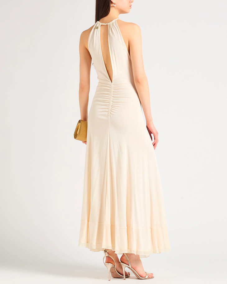 Cream halter neck long fitted dress with ruched details — Twinset | Endless UAE