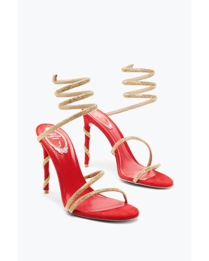 Red satin sandal with gold crystal-embellished straps and spiral heel — Rene Caovilla | Endless UAE