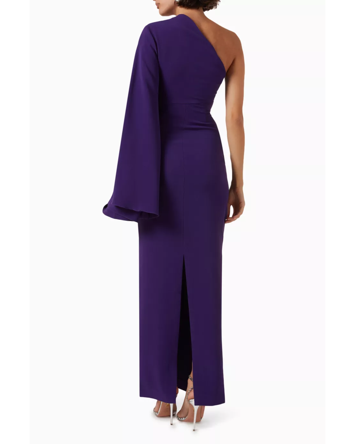 Purple one-shoulder maxi dress with draped sleeve detail — Solace London | Endless UAE