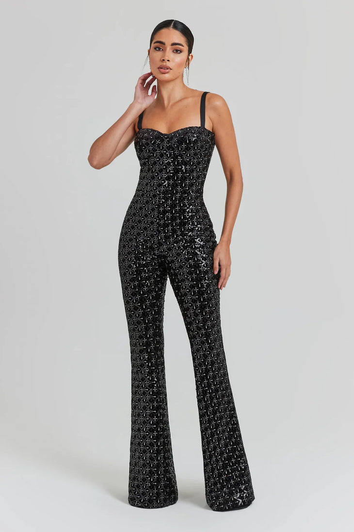 Black sequin jumpsuit with sweetheart neckline and flared legs — Nadine Merabi | Endless UAE