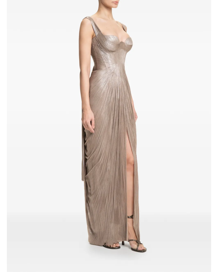 Anais pleated maxi dress in taupe with sweetheart neckline and side slit — Maria Lucia Hohan | Endless UAE