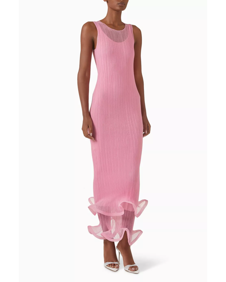 Pink ribbed sleeveless midi dress with ruffled hem detail — Simkhai | Endless UAE