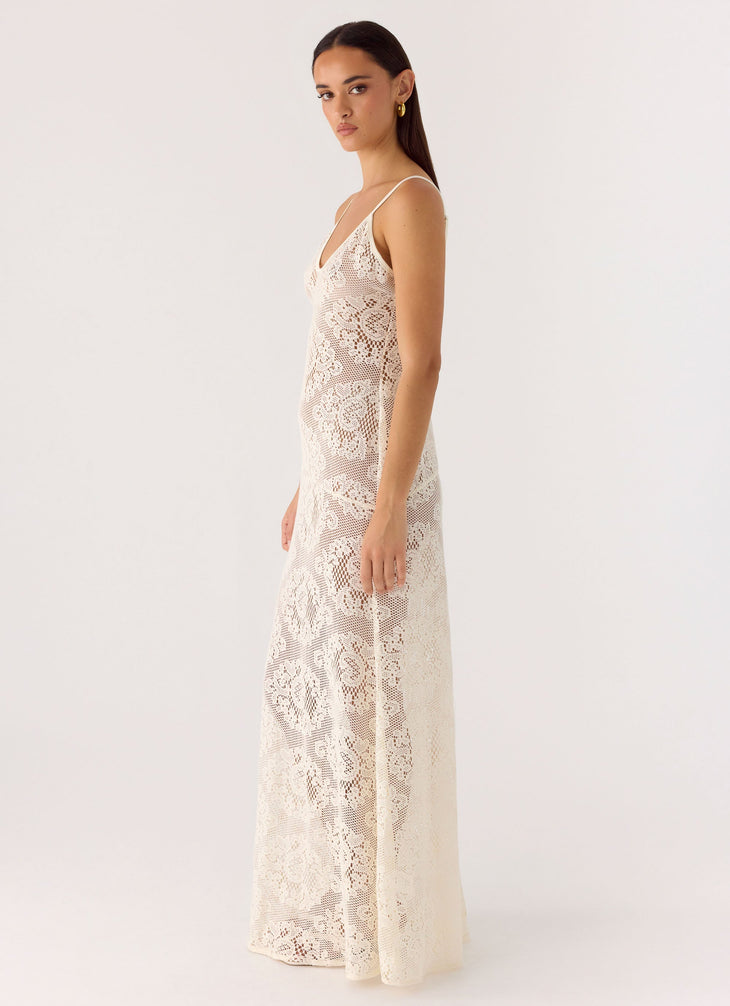 Annalee Maxi Dress in cream lace with V-neckline and thin straps — Peppermayo | Endless UAE