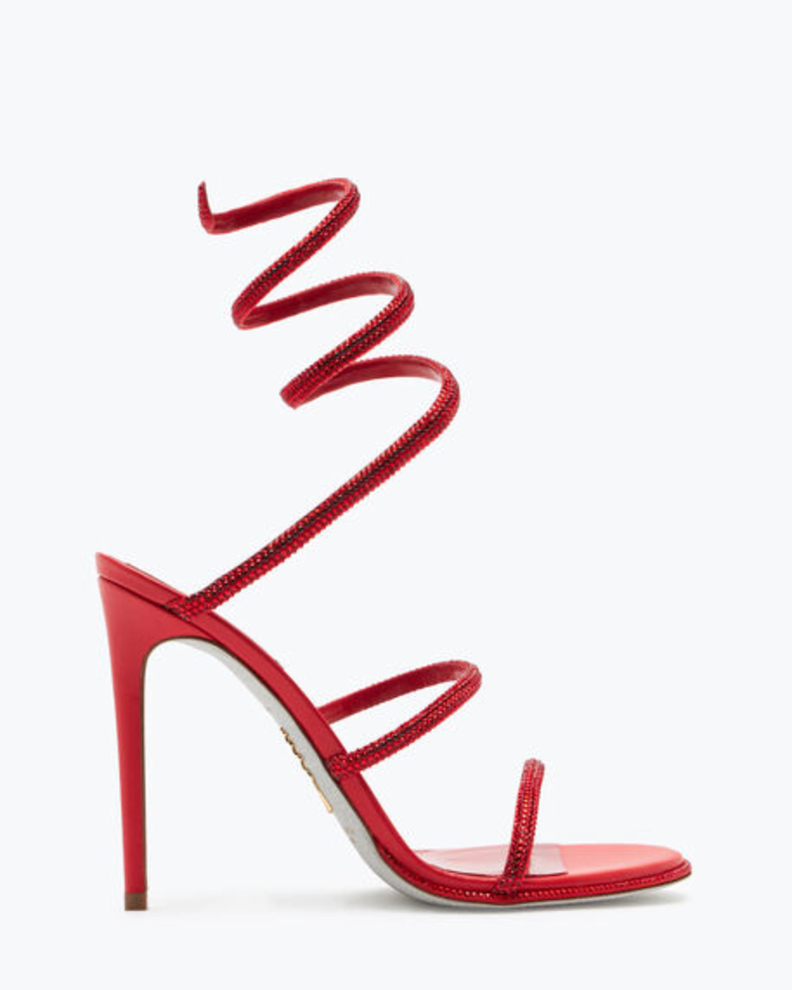 Red strappy sandals with spiral ankle wrap and embellished detailing — Renee Caovilla | Endless UAE