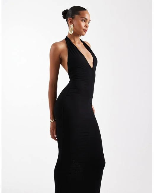 Black halterneck plunge bodycon maxi dress with backless design and side slit — Wanderdoll | Endless UAE