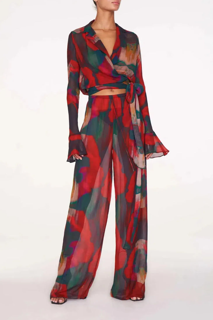 Gemini Co-ord Set in red and teal abstract print with wrap top and matching skirt — Rat & Boa | Endless UAE