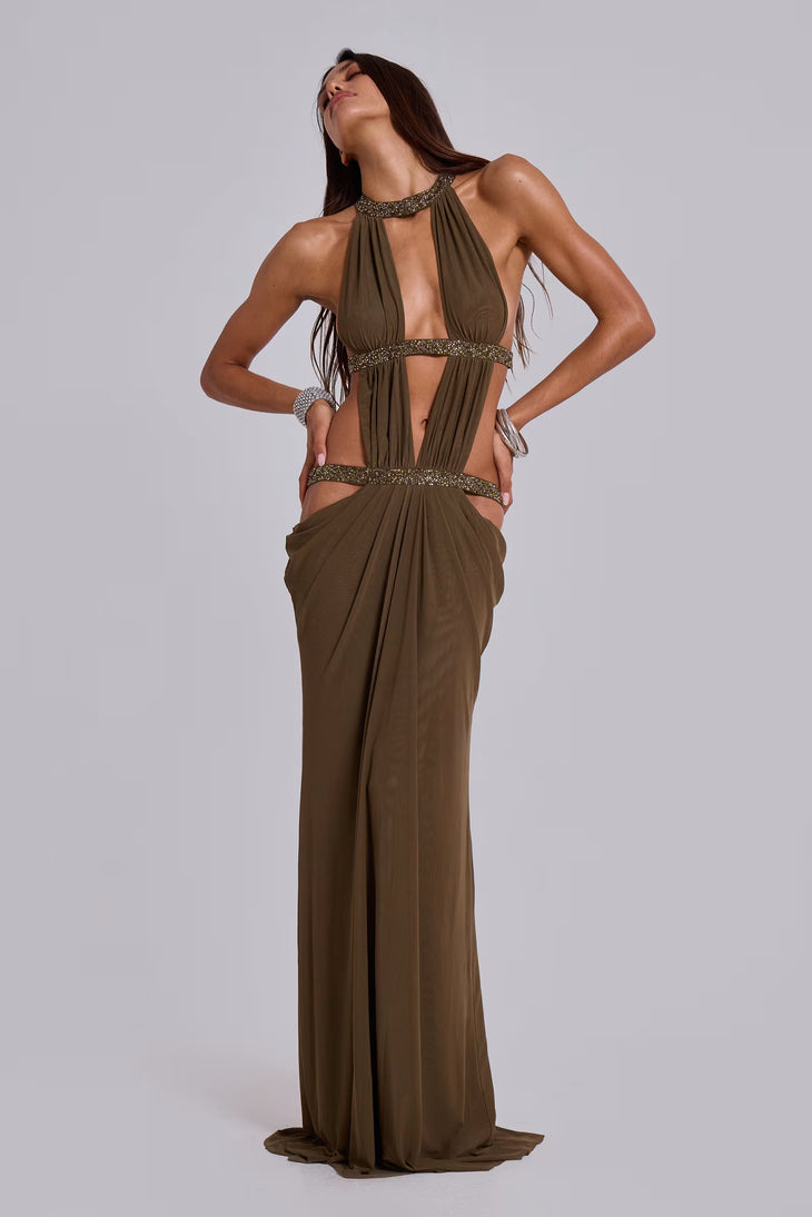 6AM Cut Out Maxi Dress in Moss with embellished straps — Jaded London | Endless UAE