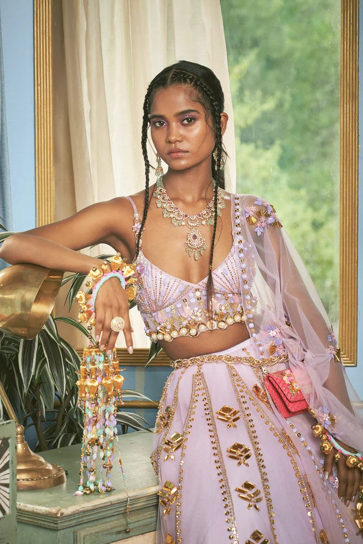 Lavender embroidered lehenga set with gold accents and matching dupatta — Papa Don't Preach | Endless UAE