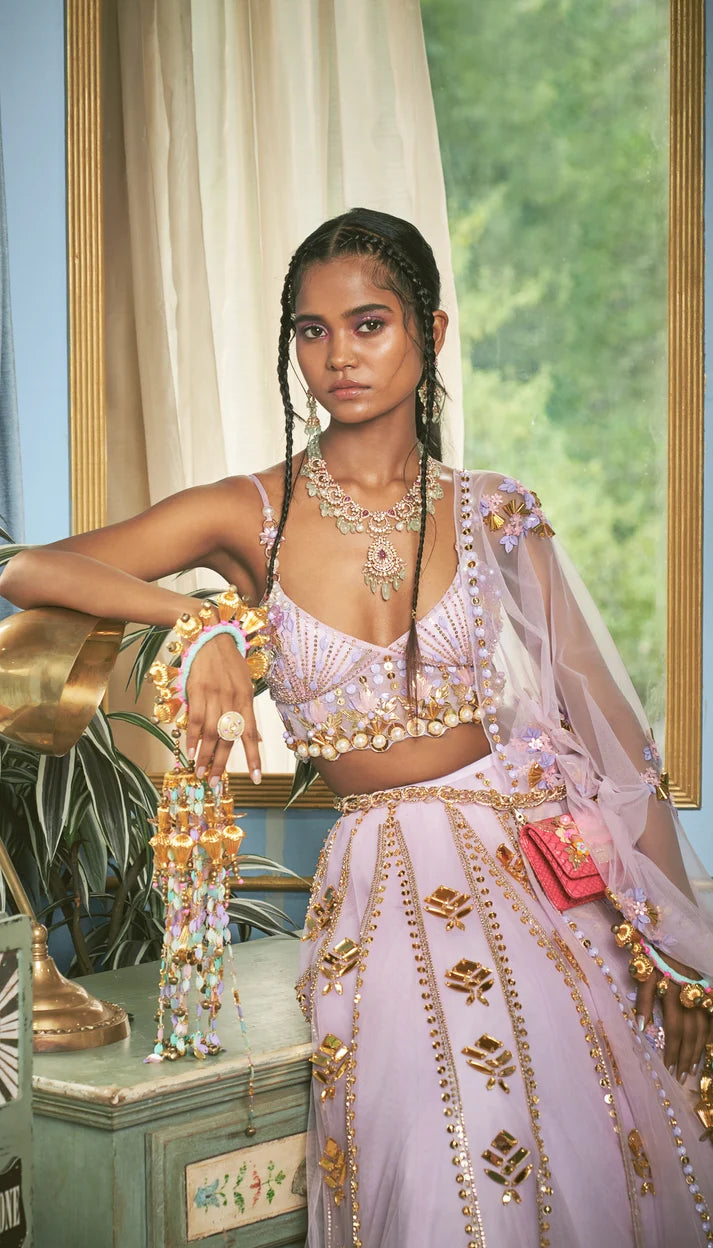 Lavender embroidered lehenga set with gold accents and matching dupatta — Papa Don't Preach | Endless UAE
