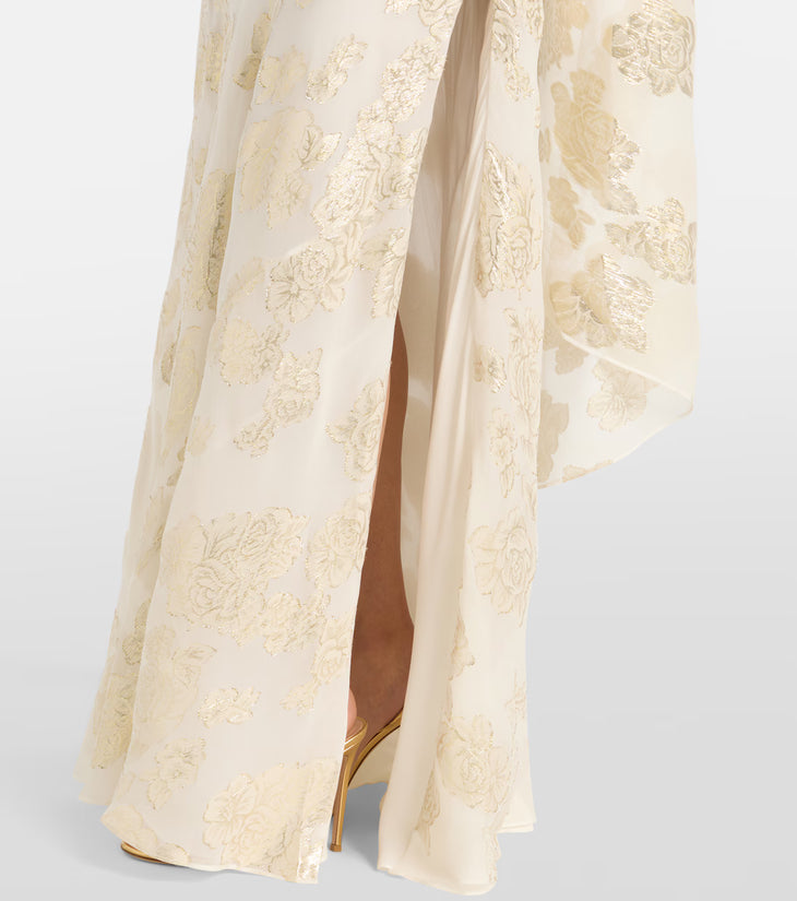 Ivory silk-blend lamé maxi dress with gold floral embroidery and one-shoulder neckline — Alexandra Miro | Endless UAE