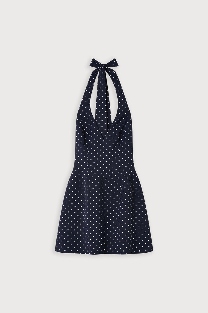 Navy polka dot halter mini dress with volume skirt — Odd Muse | Endless UAE