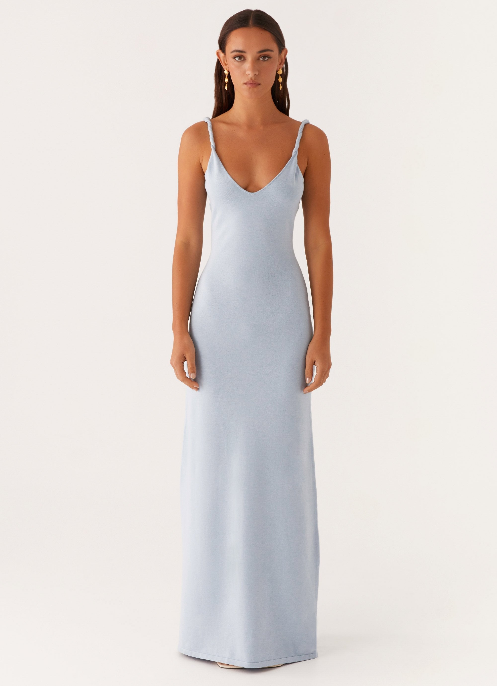 Light blue sleeveless maxi dress with V-neckline on model — Peppermayo | Endless UAE