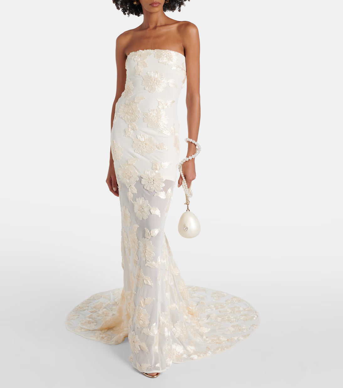 Alberty cream floral-appliqué mesh strapless gown with train — Rotate Birger Christensen | Endless UAE