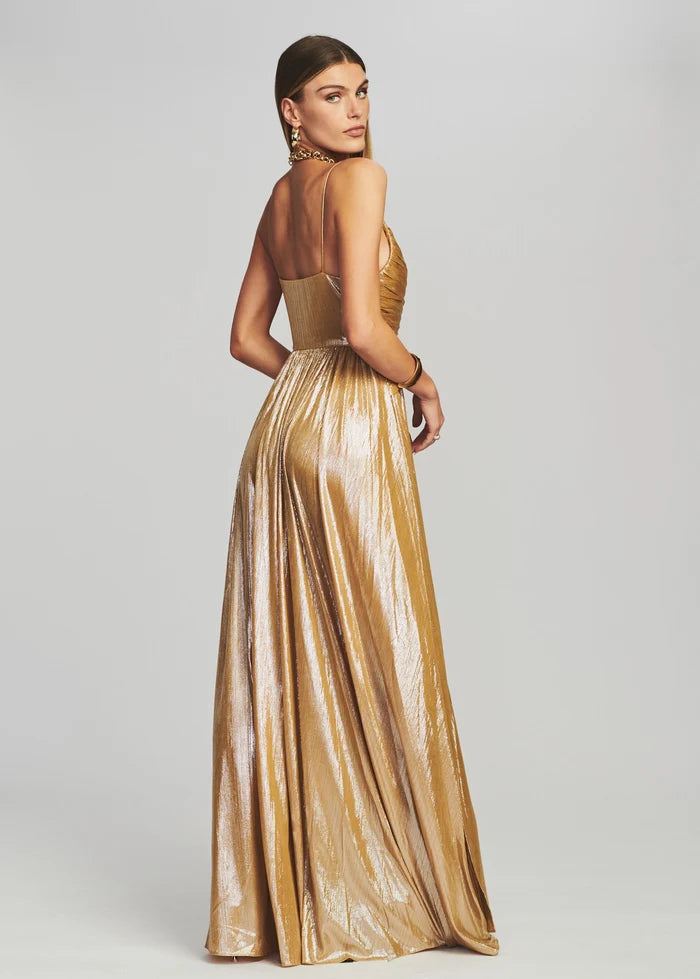 Gold metallic wrap maxi dress with high slit and draped details — Retrofete | Endless UAE