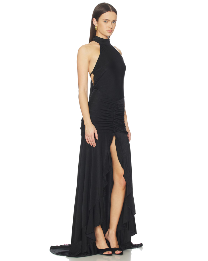 Black halterneck maxi dress with ruched waist and asymmetrical hem — Runaway The Label | Endless UAE