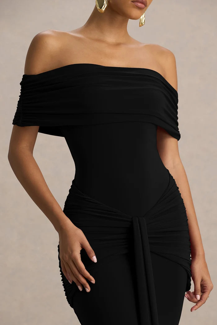 Black off-shoulder ruched maxi dress with bardot neckline — Club L London | Endless UAE
