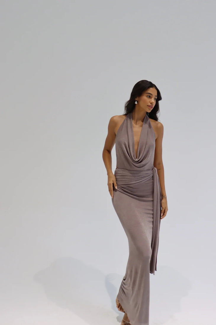 Valeria Gown Charcoal backless maxi dress with draped skirt detail — By Alle | Endless UAE